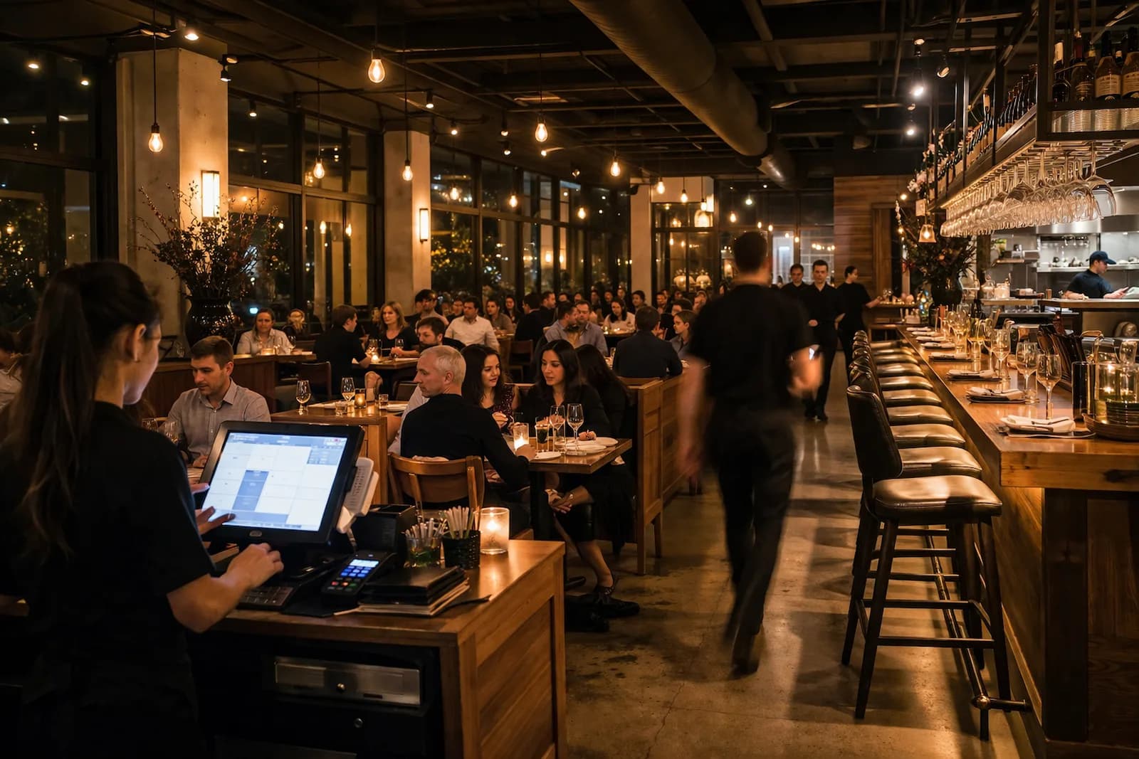 Busy restaurant environment with staff and connected point of sale technology