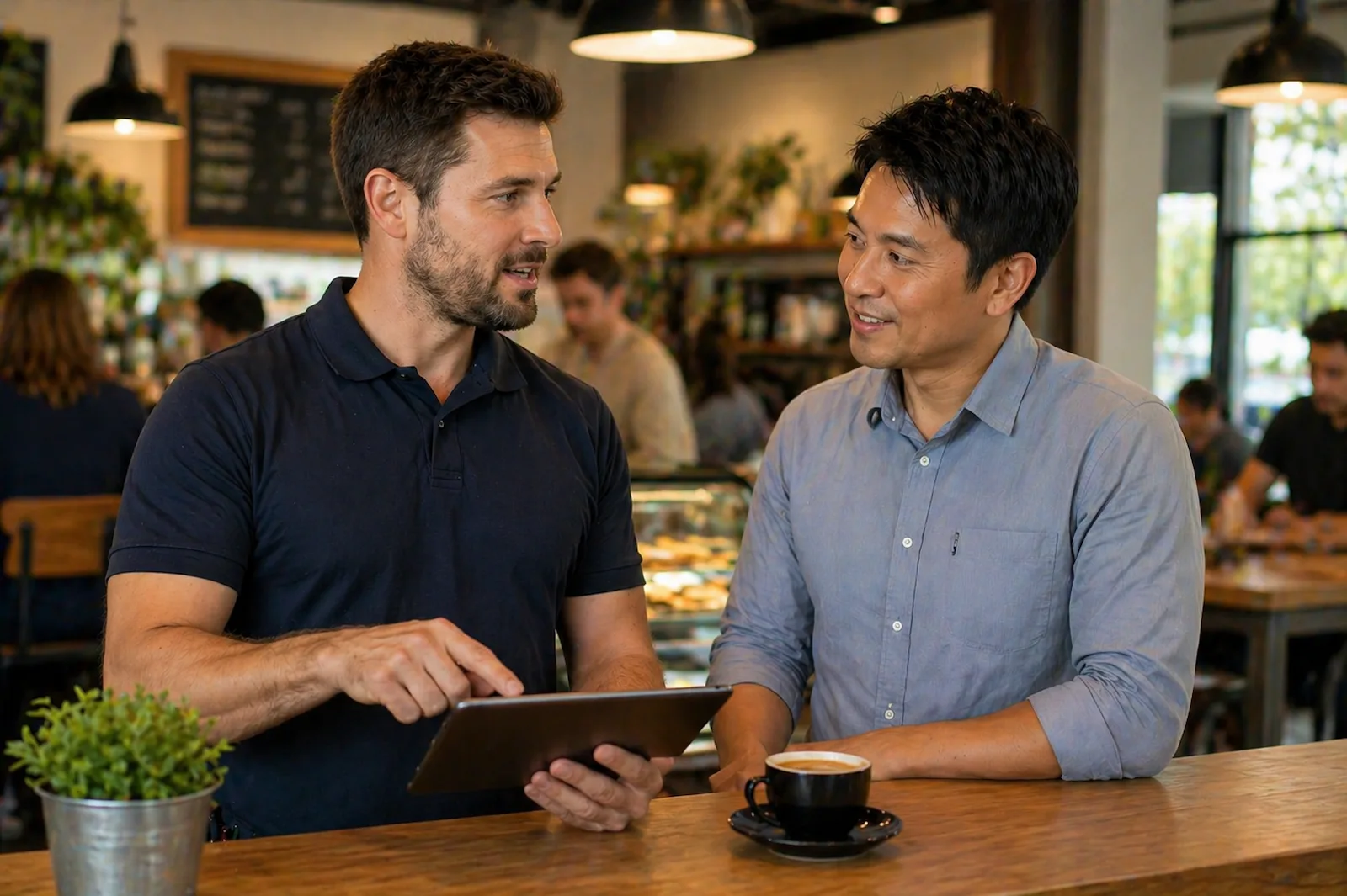 Technician reviewing Wi-Fi assessment findings on a tablet with a small business owner