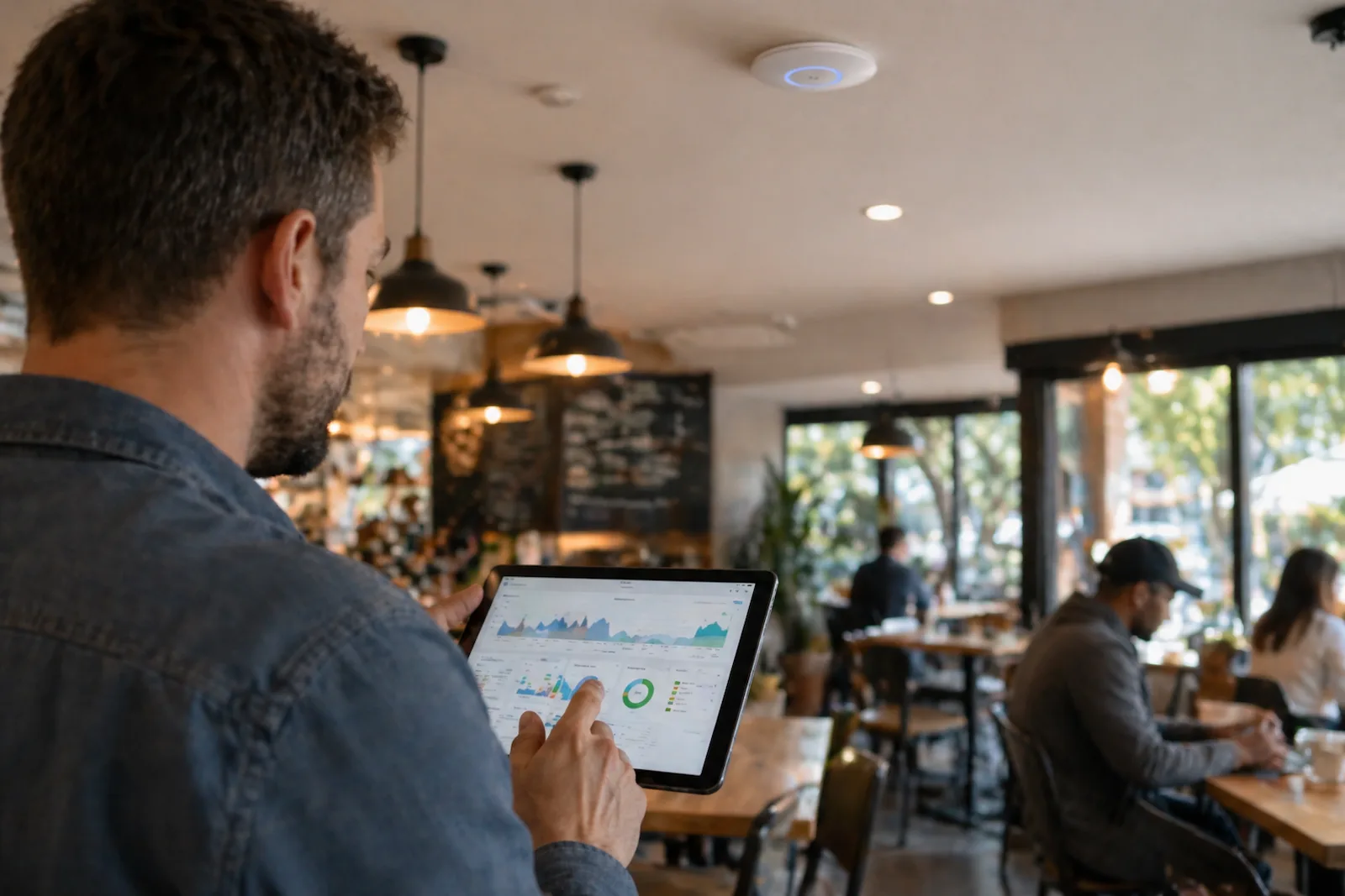 Technician analyzing Wi-Fi network performance on a tablet inside a small business café environment
