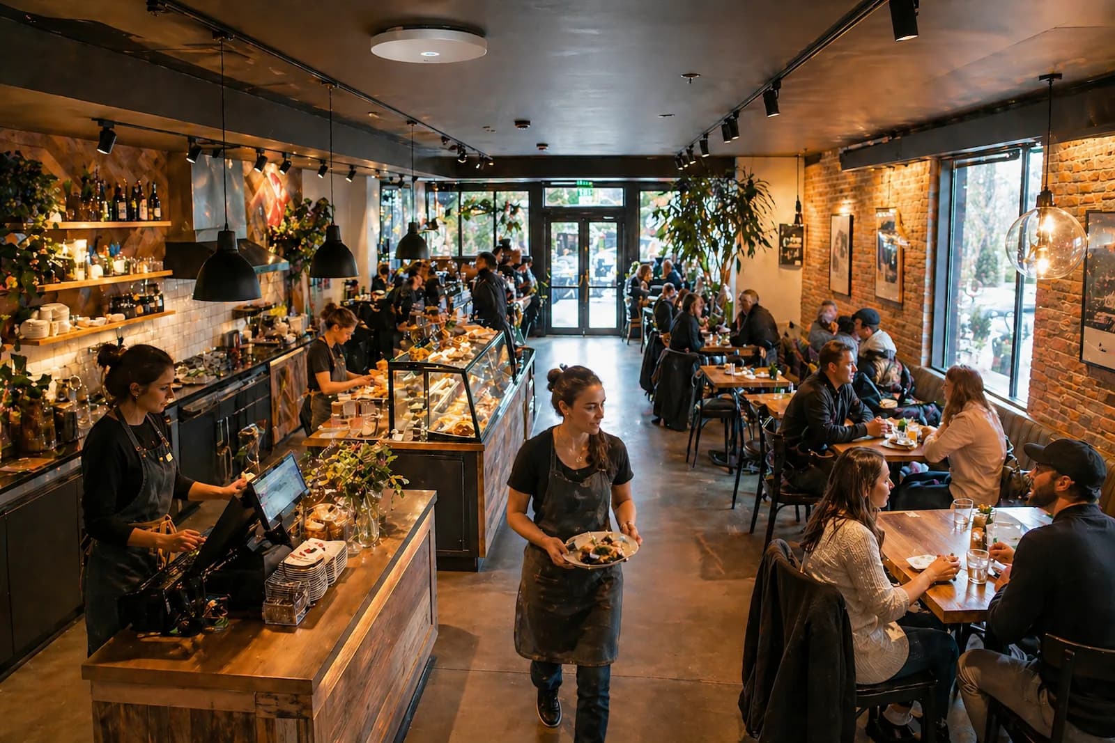 Busy restaurant interior with staff and customers in a fast-paced environment, representing real-world conditions where reliable Wi-Fi and network performance are essential for small business operations.