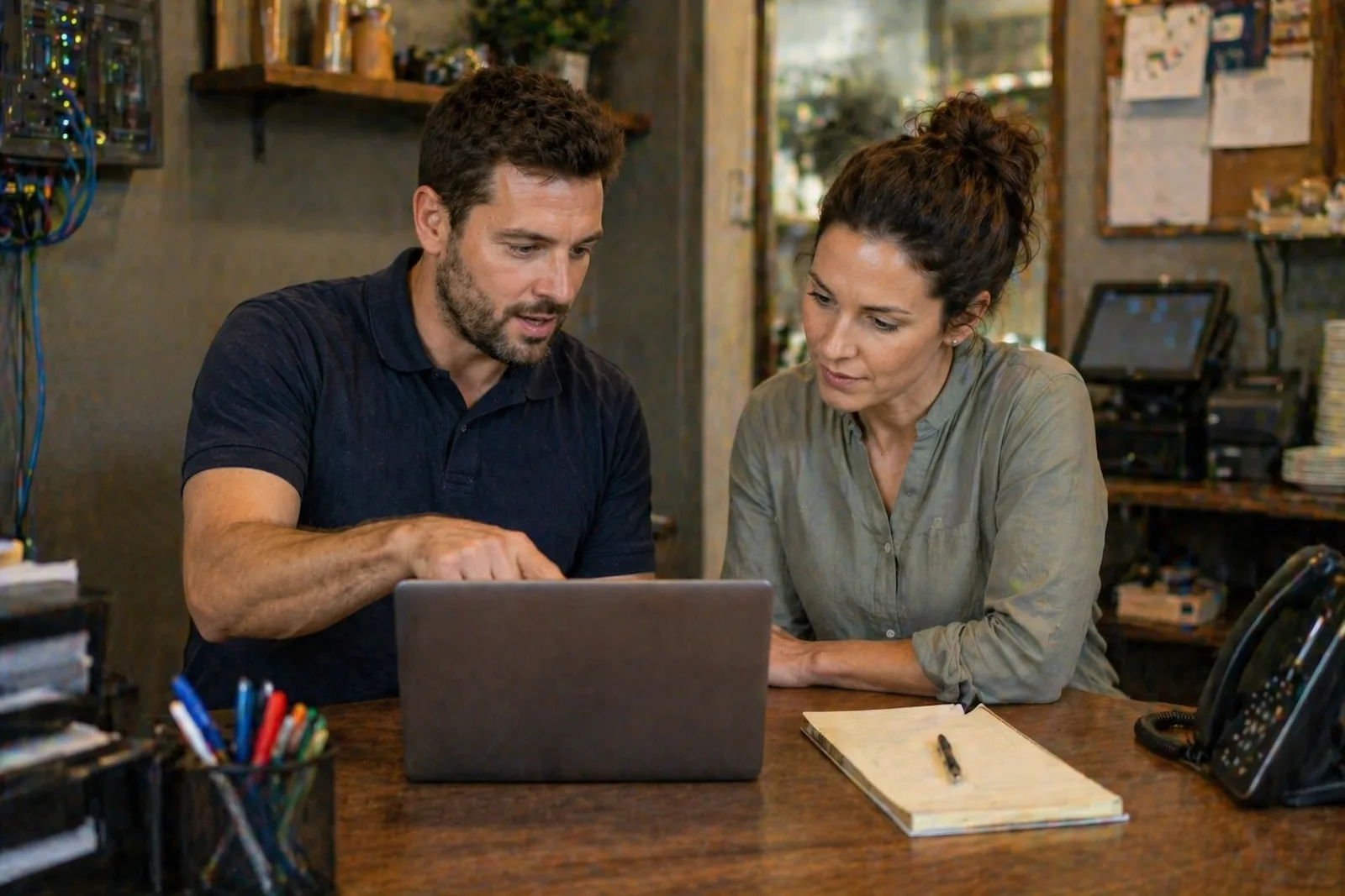 Technician reviewing a network upgrade plan with a small business owner