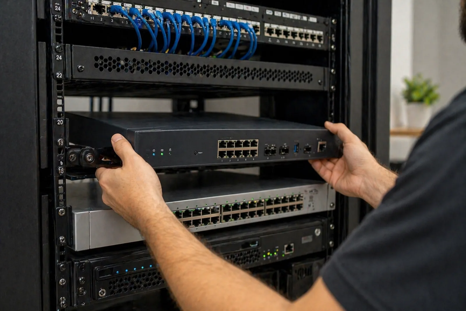 Technician installing network equipment into a small business IT rack