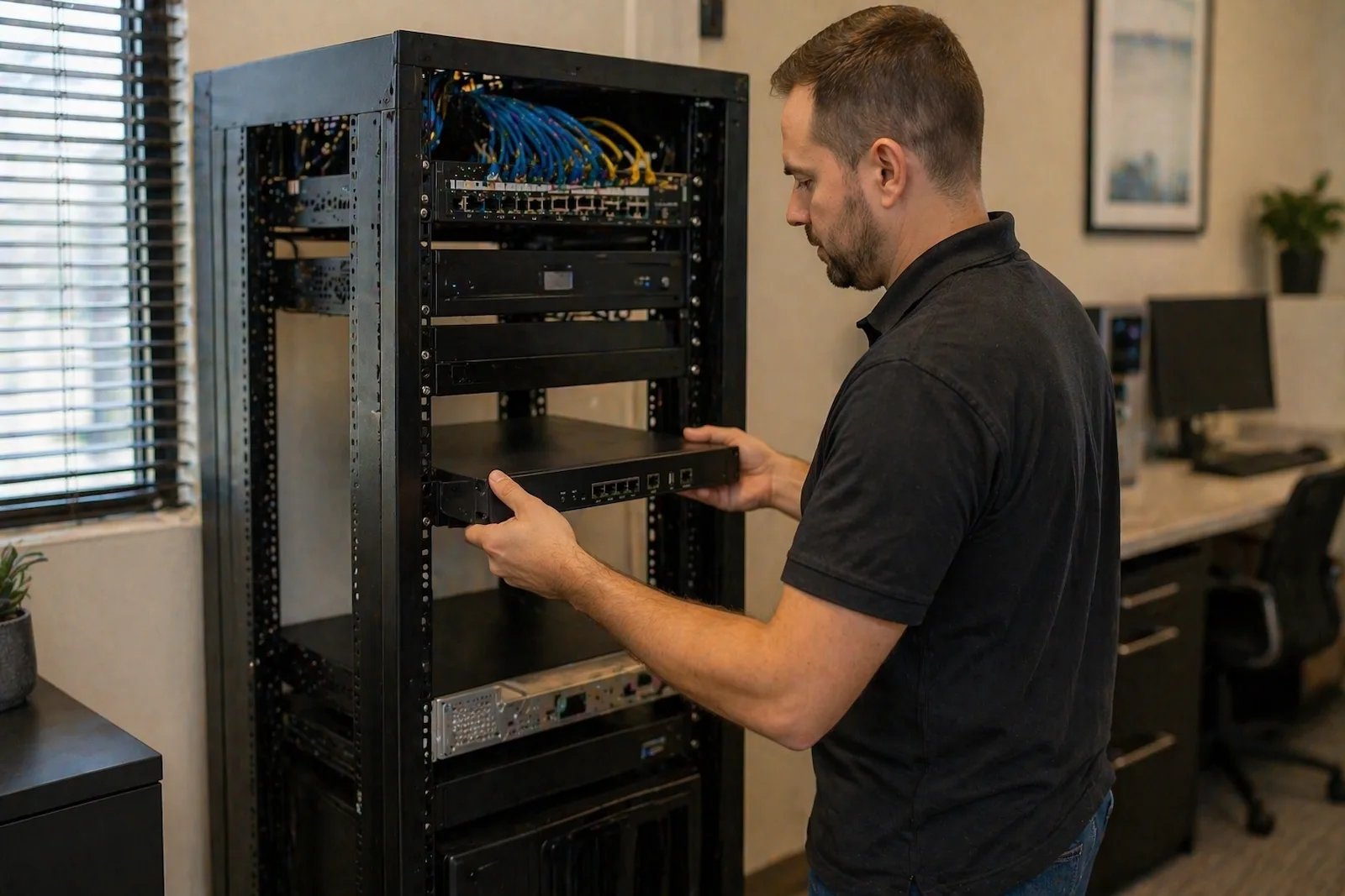 Technician installing network equipment into a small business IT rack
