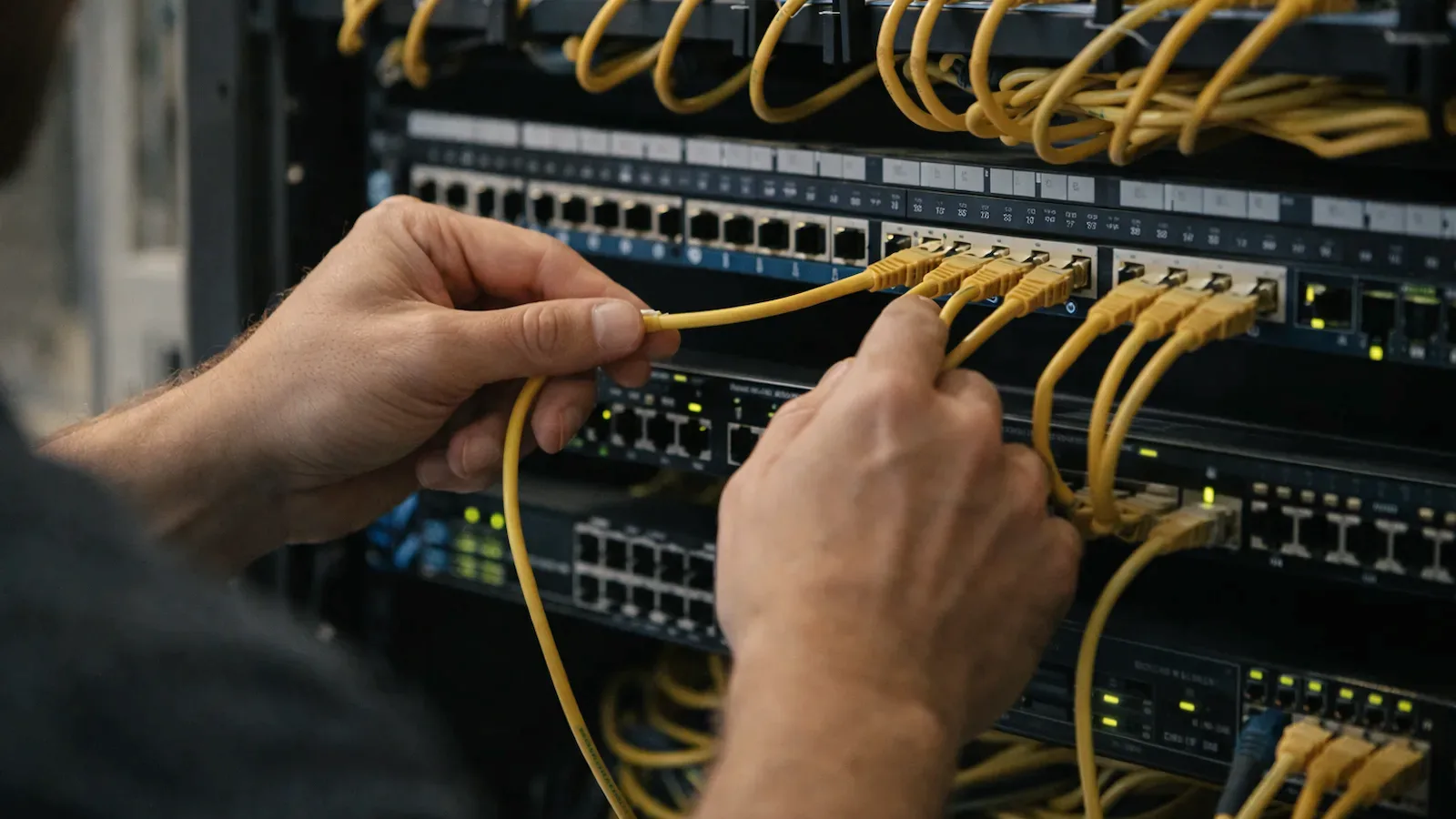 Technician troubleshooting ethernet connections in a network rack