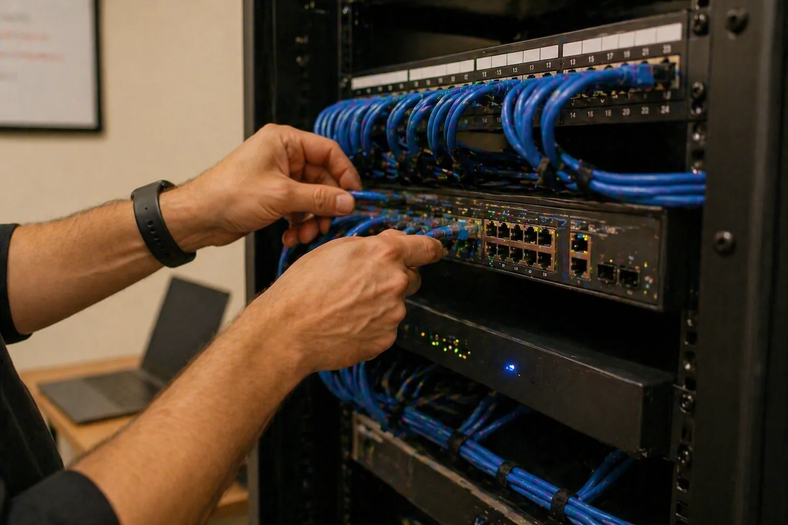 Technician troubleshooting network equipment and cables in a small business IT rack