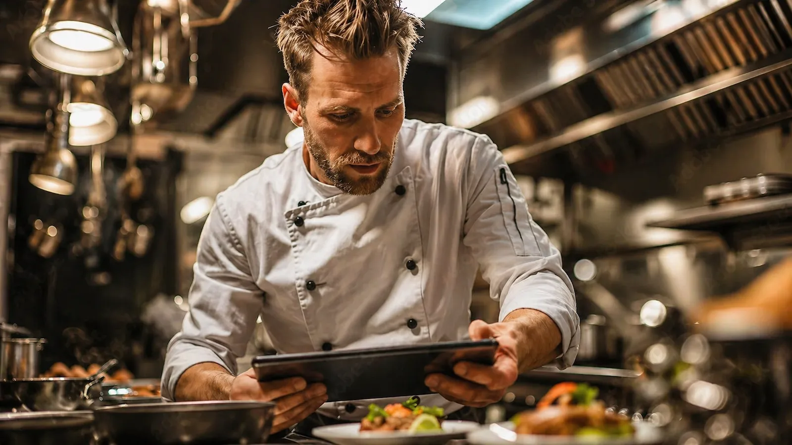 Chef in a busy restaurant kitchen using a tablet during service, representing real-world business environments where reliable network performance is critical